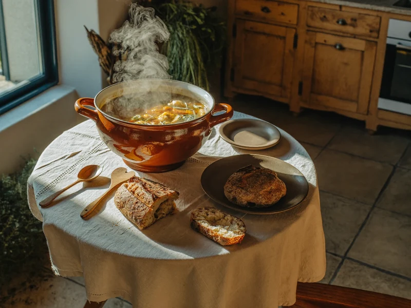 Tavola rustica illuminata dal sole con una pentola di zuppa fumante, pane e tovaglia di lino.