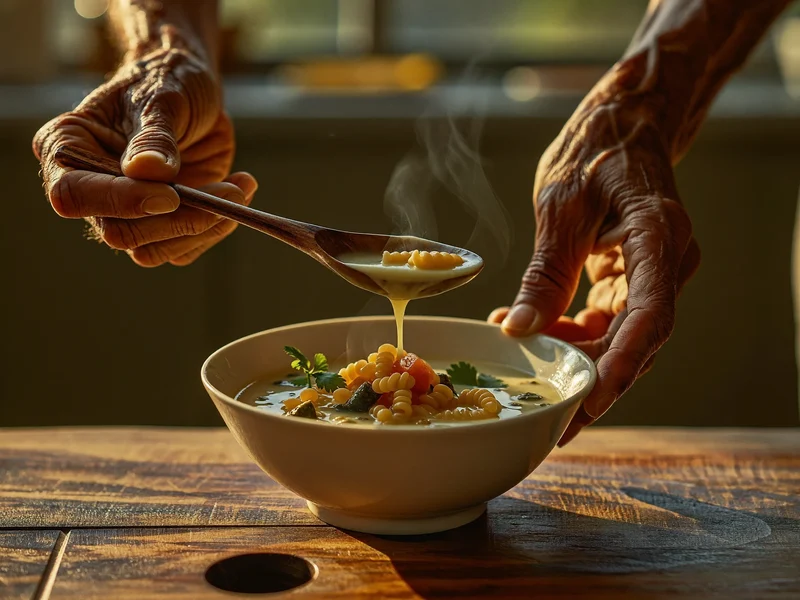 Ciotola di ceramica con zuppa di verdure e pastina, accanto a un cucchiaio di legno.
