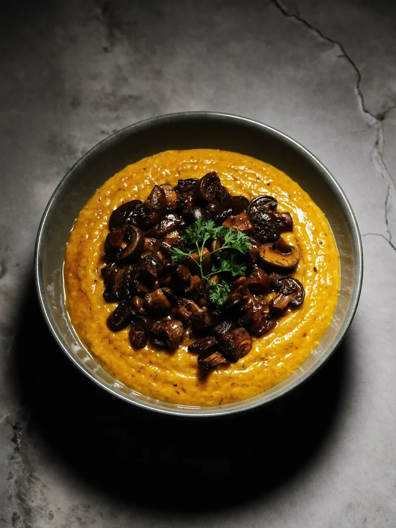 Polenta cremosa gialla con funghi brasati e un rametto di prezzemolo su superficie di pietra.