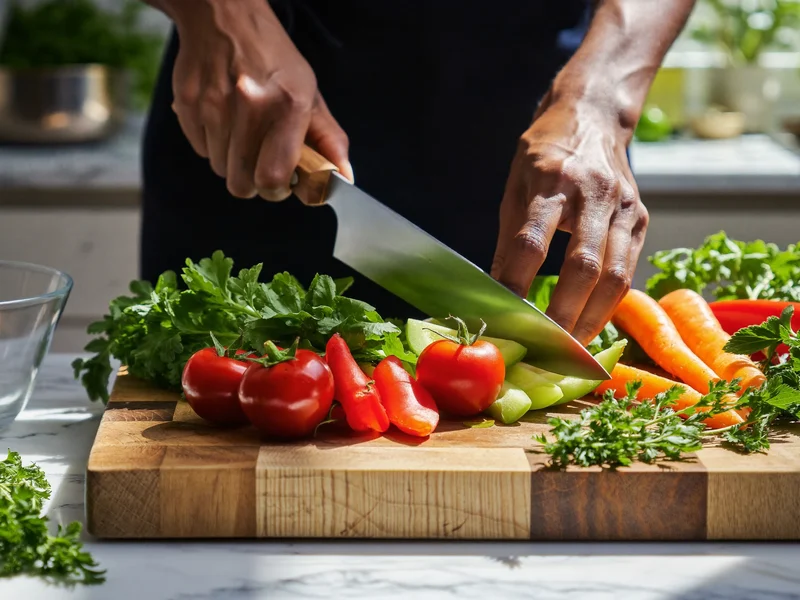 Verdure di stagione, erbe fresche e tagliere di legno con coltello su un piano di marmo.